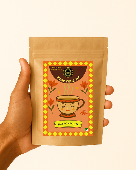 Man holding a Brew Your Sip's white tea light brown pouch